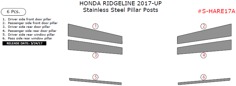 Honda Ridgeline 2017-2025, Stainless Steel Pillar Posts, 6 Pcs. dash trim kits options