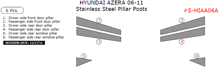 Hyundai Azera 2006, 2007, 2008, 2009, 2010, 2011, Stainless Steel Pillar Posts, 6 Pcs. dash trim kits options