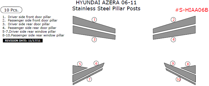 Hyundai Azera 2006, 2007, 2008, 2009, 2010, 2011, Stainless Steel Pillar Posts, 10 Pcs. dash trim kits options