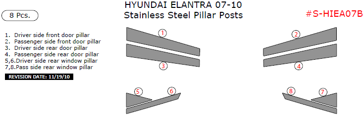 Hyundai Elantra 2007, 2008, 2009, 2010, Stainless Steel Pillar Posts, 8 Pcs. dash trim kits options