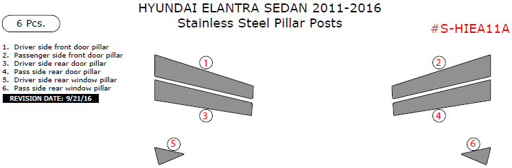 Hyundai Elantra Sedan 2011, 2012, 2013, 2014, 2015, 2016, Stainless Steel Pillar Posts, 6 Pcs. dash trim kits options