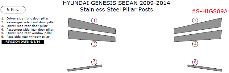 Hyundai Genesis Sedan 2009, 2010, 2011, 2012, 2013, 2014, Stainless Steel Pillar Posts, 6 Pcs. dash trim kits options