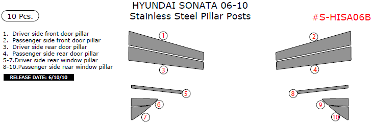Hyundai Sonata 2006, 2007, 2008, 2009, 2010, Stainless Steel Pillar Posts, 10 Pcs. dash trim kits options