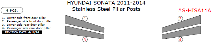 Hyundai Sonata 2011, 2012, 2013, 2014, Stainless Steel Pillar Posts, 4 Pcs. dash trim kits options