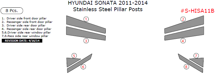 Hyundai Sonata 2011, 2012, 2013, 2014, Stainless Steel Pillar Posts, 8 Pcs. dash trim kits options