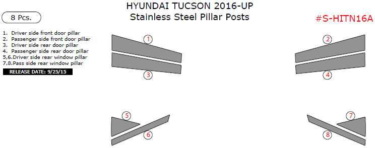 Hyundai Tucson 2016, 2017, Stainless Steel Pillar Posts, 8 Pcs. dash trim kits options