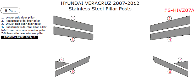 Hyundai Veracruz 2007, 2008, 2009, 2010, 2011, 2012, Stainless Steel Pillar Posts, 8 Pcs. dash trim kits options