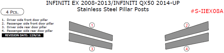 Infinii EX 2008, 2009, 2010, 2011, 2012, 2013/Infiniti QX50 2014, 2015, 2016, Stainless Steel Pillar Posts, 4 Pcs. dash trim kits options