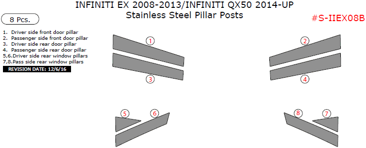 Infinii EX 2008, 2009, 2010, 2011, 2012, 2013/Infiniti QX50 2014, 2015, 2016, Stainless Steel Pillar Posts, 8 Pcs. dash trim kits options