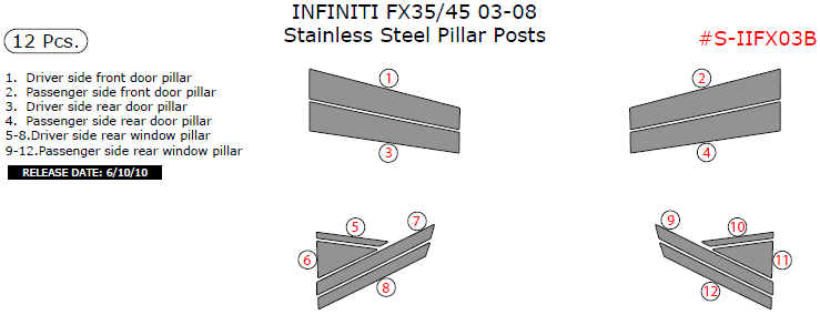 Infiniti FX 2003, 2004, 2005, 2006, 2007, 2008, Stainless Steel Pillar Posts, 12 Pcs. dash trim kits options
