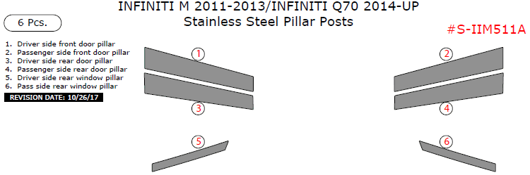 Infiniti M 2011, 2012, 2013/Infiniti Q70 2014, 2015, 2016, Stainless Steel Pillar Posts, 6 Pcs. dash trim kits options