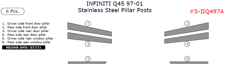 Infiniti Q45 1997, 1998, 1999, 2000, 2001, Stainless Steel Pillar Posts, 6 Pcs. dash trim kits options