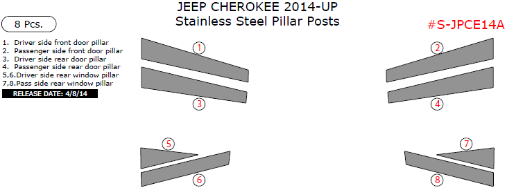Jeep Cherokee 2014, 2015, 2016, 2017, 2018, Stainless Steel Pillar Posts, 8 Pcs. dash trim kits options