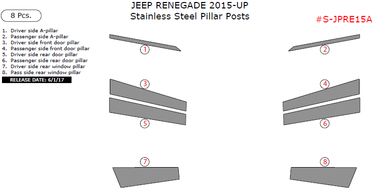 Jeep Renegade 2015, 2016, 2017, Stainless Steel Pillar Posts, 8 Pcs. dash trim kits options