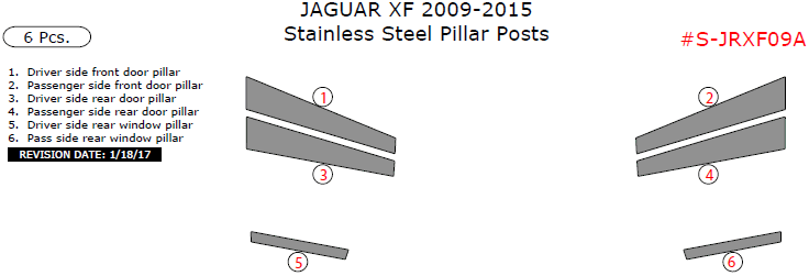 Jaguar XF 2009, 2010, 2011, 2012, 2013, 2014, 2015, Stainless Steel Pillar Posts, 6 Pcs. dash trim kits options