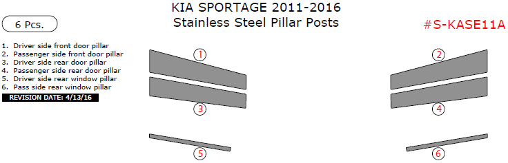 Kia Sportage 2011, 2012, 2013, 2014, 2015, 2016, Stainless Steel Pillar Posts, 6 Pcs. dash trim kits options