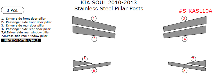 Kia Soul 2010, 2011, 2012, 2013, Stainless Steel Pillar Posts, 8 Pcs. dash trim kits options