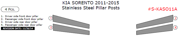 Kia Sorento 2011, 2012, 2013, 2014, 2015, Stainless Steel Pillar Posts, 4 Pcs. dash trim kits options
