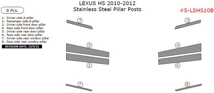 Lexus HS 2010, 2011, 2012, Stainless Steel Pillar Posts, 8 Pcs. dash trim kits options