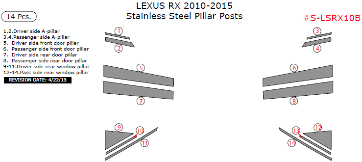 Lexus RX 2010, 2011, 2012, 2013, 2014, 2015, Stainless Steel Pillar Posts, 14 Pcs. dash trim kits options