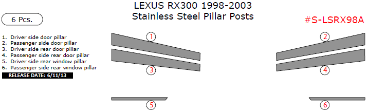 Lexus RX300 1998, 1999, 2000, 2001, 2002, 2003, Stainless Steel Pillar Posts, 6 Pcs. dash trim kits options