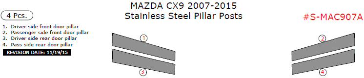 Mazda CX-9 2007, 2008, 2009, 2010, 2011, 2012, 2013, 2014, 2015, Stainless Steel Pillar Posts, 4 Pcs. dash trim kits options