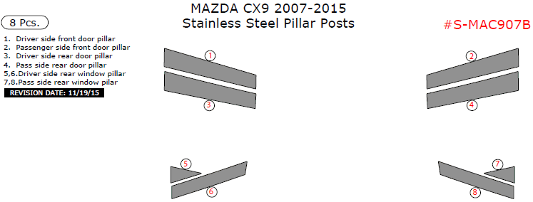 Mazda CX-9 2007, 2008, 2009, 2010, 2011, 2012, 2013, 2014, 2015, Stainless Steel Pillar Posts, 8 Pcs. dash trim kits options