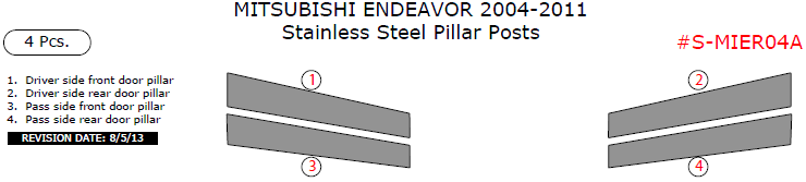 Mitsubishi Endeavor 2004, 2005, 2006, 2007, 2008, 2009, 2010, 2011, Stainless Steel Pillar Posts, 4 Pcs. dash trim kits options
