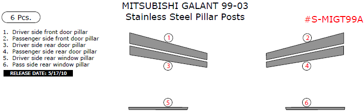 Mitsubishi Galant 1999, 2000, 2001, 2002, 2003, Stainless Steel Pillar Posts, 6 Pcs. dash trim kits options