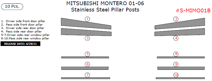 Mitsubishi Montero 2001, 2002, 2003, 2004, 2005, 2006, Stainless Steel Pillar Posts, 10 Pcs. dash trim kits options