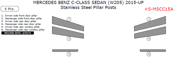 Mercedes Benz C-Class Sedan (W205) 2015, 2016, 2017, 2018, Stainless Steel Pillar Posts, 6 Pcs. dash trim kits options