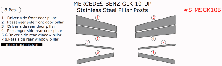 Mercedes GLK 2010, 2011, 2012, 2013, 2014, 2015, Stainless Steel Pillar Posts, 8 Pcs. dash trim kits options