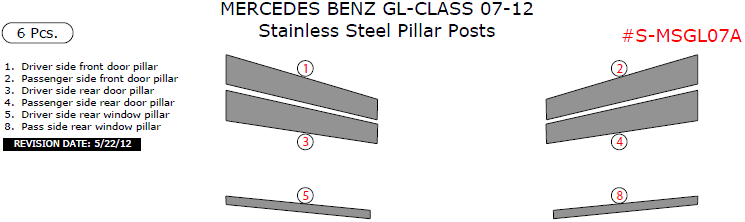 Mercedes GL 2007, 2008, 2009, 2010, 2011, 2012, Stainless Steel Pillar Posts, 6 Pcs. dash trim kits options