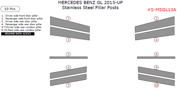 Mercedes Benz GL 2013, 2014, 2015, Stainless Steel Pillar Posts, 10 Pcs. dash trim kits options