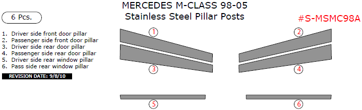 Mercedes M-Class 1998, 1999, 2000, 2001, 2002, 2003, 2004, 2005, Stainless Steel Pillar Posts, 6 Pcs. dash trim kits options