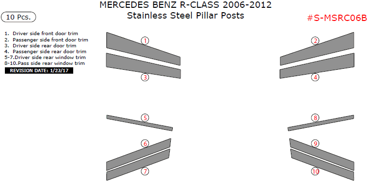 Mercedes R-Class 2006, 2007, 2008, 2009, 2010, 2011, 2012, Stainless Steel Pillar Posts, 10 Pcs. dash trim kits options