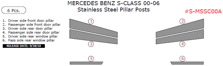 Mercedes Benz S-Class 2000, 2001, 2002, 2003, 2004, 2005, 2006, Stainless Steel Pillar Posts, 6 Pcs. dash trim kits options