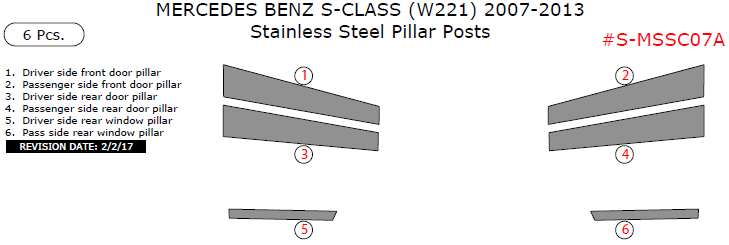 Mercedes S-Class 2007, 2008, 2009, 2010, 2011, 2012, 2013, Stainless Steel Pillar Posts, 6 Pcs. dash trim kits options