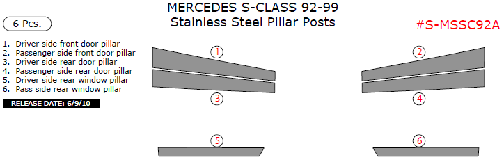 Mercedes S-Class 1992, 1993, 1994, 1995, 1996, 1997, 1998, 1999, Stainless Steel Pillar Posts, 6 Pcs. dash trim kits options