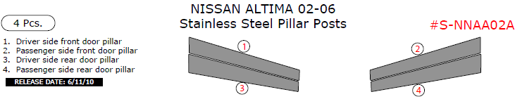 Nissan Altima Sedan 2002, 2003, 2004, 2005, 2006, Stainless Steel Pillar Posts, 4 Pcs. dash trim kits options