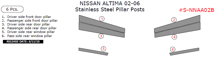 Nissan Altima Sedan 2002, 2003, 2004, 2005, 2006, Stainless Steel Pillar Posts, 6 Pcs. dash trim kits options
