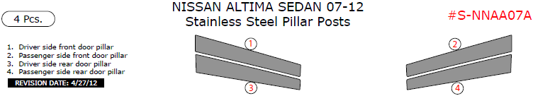 Nissan Altima Sedan 2007, 2008, 2009, 2010, 2011, 2012, Stainless Steel Pillar Posts, 4 Pcs. dash trim kits options