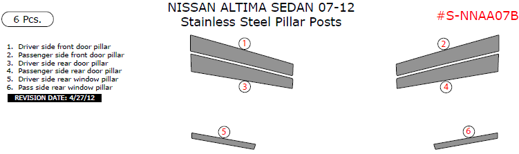 Nissan Altima Sedan 2007, 2008, 2009, 2010, 2011, 2012, Stainless Steel Pillar Posts, 6 Pcs. dash trim kits options