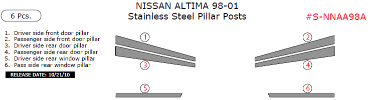 Nissan Altima Sedan 1998, 1999, 2000, 2001, Stainless Steel Pillar Posts, 6 Pcs. dash trim kits options