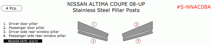 Nissan Altima Coupe 2008, 2009, 2010, 2011, 2012, 2013, Stainless Steel Pillar Posts, 4 Pcs. dash trim kits options