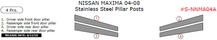 Nissan Maxima 2004, 2005, 2006, 2007, 2008, Stainless Steel Pillar Posts, 4 Pcs. dash trim kits options