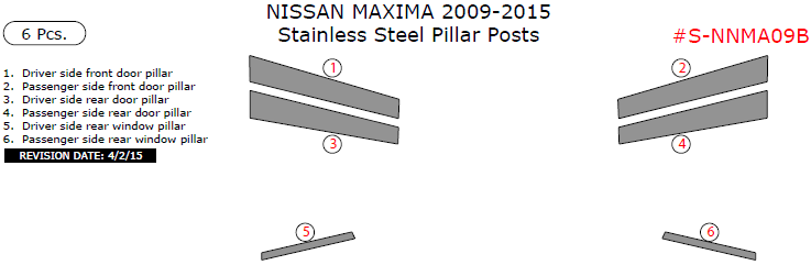 Nissan Maxima 2009, 2010, 2011, 2012, 2013, 2014, 2015, Stainless Steel Pillar Posts, 6 Pcs. dash trim kits options