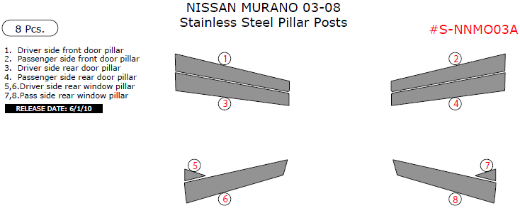 Nissan Murano 2003, 2004, 2005, 2006, 2007, 2008, Stainless Steel Pillar Posts, 8 Pcs. dash trim kits options