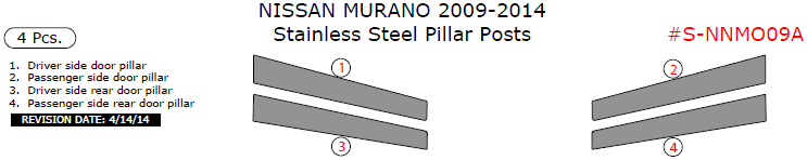 Nissan Murano 2009, 2010, 2011, 2012, 2013, 2014, Stainless Steel Pillar Posts, 4 Pcs. dash trim kits options