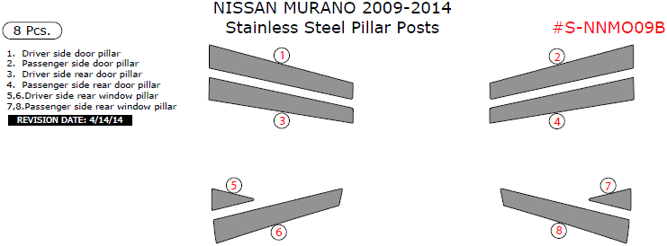 Nissan Murano 2009, 2010, 2011, 2012, 2013, 2014, Stainless Steel Pillar Posts, 8 Pcs. dash trim kits options